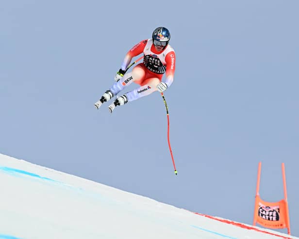 Switzerland's Franjo Von Allmen competes in the men's downhill event at the FIS Alpine Skiing World Cup in Crans-Montana on 22 February 2025