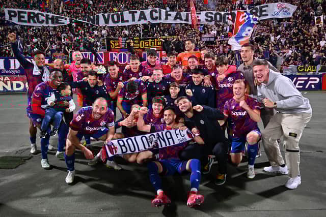 Lewis Ferguson (centre) celebrates with his Bologna teammates and supporters after his side's Coppa Italia semi-final win over Empoli at Renato Dall'Ara Stadium. (Photo by Alessandro Sabattini/Getty Images)