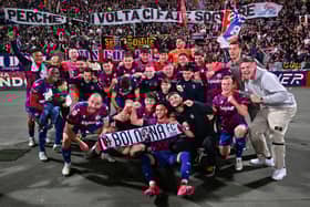 Lewis Ferguson (centre) celebrates with his Bologna teammates and supporters after his side's Coppa Italia semi-final win over Empoli at Renato Dall'Ara Stadium. (Photo by Alessandro Sabattini/Getty Images)