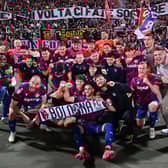 Lewis Ferguson (centre) celebrates with his Bologna teammates and supporters after his side's Coppa Italia semi-final win over Empoli at Renato Dall'Ara Stadium. (Photo by Alessandro Sabattini/Getty Images)