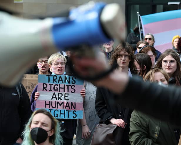 Supporters of trans rights hold a rally in Edinburgh following the Supreme Court ruling about the definition of a woman (Picture: Jeff J Mitchell)