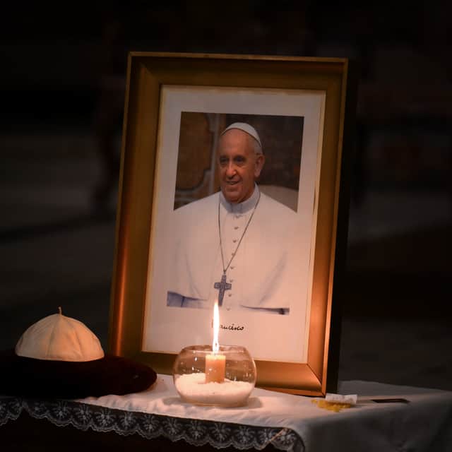 A portrait of the late Pope Francis is seen at San Jose de Flores Basilica in Buenos Aires