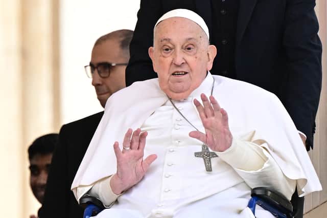 The late Pope Francis greets the crowd during a surprise appearance in St Peter's Square earlier this month (Picture: Tiziana Fabi)