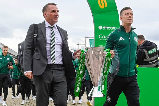 Celtic manager Brendan Rodgers and captain Callum McGregor will hope to clinch a fourth successive Scottish Premiership trophy this weekend. (Photo by Rob Casey / SNS Group)