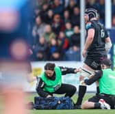 Glasgow Warriors' Gregor Brown receives treatment during a bruising United Rugby Championship match against Vodacom Bulls at Scotstoun.