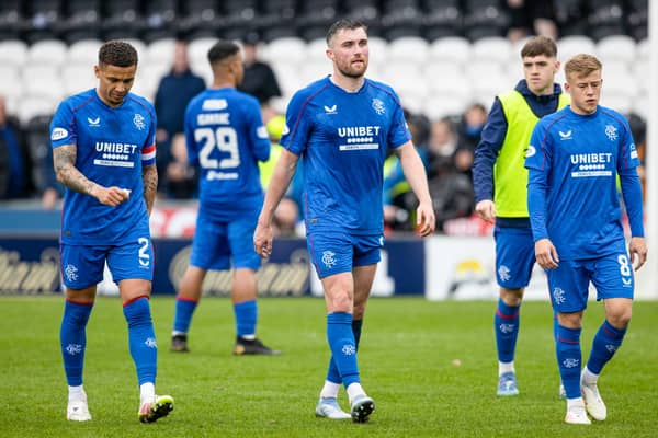 Rangers' James Tavernier, John Souttar and Connor Barron after the 2-2 draw with St Mirren in Paisley.