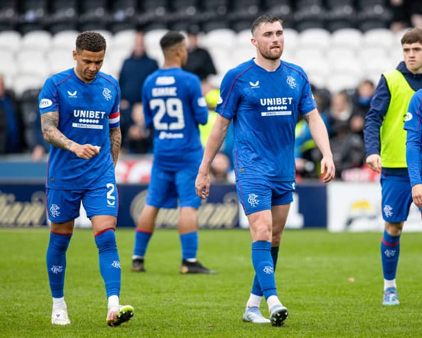 Rangers' James Tavernier, John Souttar and Connor Barron after the 2-2 draw with St Mirren in Paisley.