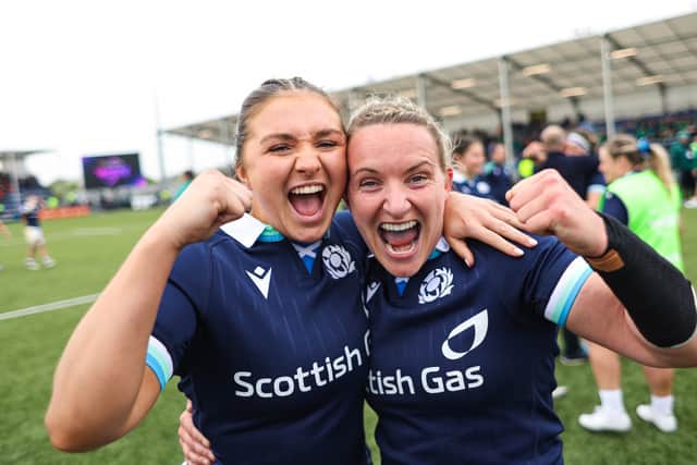Scotland's Evie Wells, left, and Chloe Rollie celebrate after the win over Ireland in the Guinness Women's Six Nations at Hive Stadium in Edinburgh.