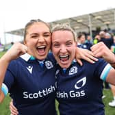 Scotland's Evie Wells, left, and Chloe Rollie celebrate after the win over Ireland in the Guinness Women's Six Nations at Hive Stadium in Edinburgh.