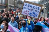 People from the transgender community hold a protest against the Supreme Court ruling on the definition of a woman. Picture:  Jeff J Mitchell/Getty Images