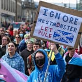 People from the transgender community hold a protest against the Supreme Court ruling on the definition of a woman. Picture:  Jeff J Mitchell/Getty Images