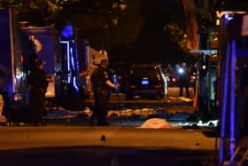 Vancouver police investigate a crime scene after a man drove into pedestrians at the annual Lapu Lapu festival celebrating Filipino culture in the south of Vancouver. Picture: Don Mackinnon/AFP via Getty Images