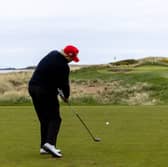 US President Donald Trump plays the Ailsa Course at Turnberry during a visit in 2023