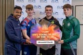 Hearts forward James Wilson, second from left, alongside fellow PFA Scotland Young Player of the Year nominees Hamza Igamane (Rangers), Lennon Miller (Motherwell) and Arne Engels (Celtic).
