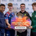 Hearts forward James Wilson, second from left, alongside fellow PFA Scotland Young Player of the Year nominees Hamza Igamane (Rangers), Lennon Miller (Motherwell) and Arne Engels (Celtic).