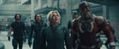 From left to right: Ghost (Hannah John-Kamen), Yelena Belova (Florence Pugh), John Walker (Wyatt Russell),  and Red Guardian/Alexei Shostakov (David Harbour) in Marvel Studios' Thunderbolts*