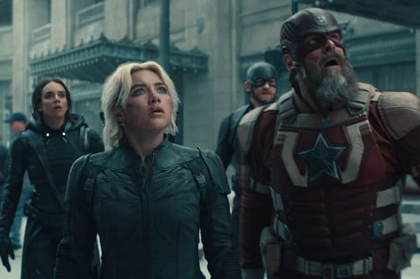 From left to right: Ghost (Hannah John-Kamen), Yelena Belova (Florence Pugh), John Walker (Wyatt Russell),  and Red Guardian/Alexei Shostakov (David Harbour) in Marvel Studios' Thunderbolts*
