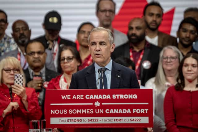 Liberal leader Mark Carney addresses supporters after an election campaign dominated by Donald Trump's tariffs and his insistence that Canada should become part of the US (Picture: Andrej Ivanov)
