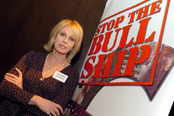 Actress Joanna Lumley has taken part in animal rights campaigns and showed her compassionate side when Philip Lymbery accidentally cut himself during one event (Picture: Etienne Ansotte)
