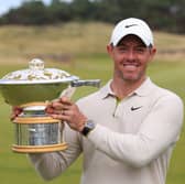 Rory McIlroy shows off the trophy after winning the 2023 Genesis Scottish Open at The Renaissance Club 