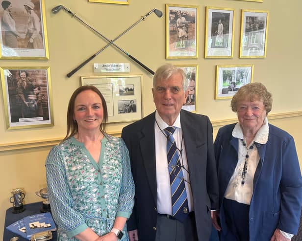 Iain Valentine, Jessie’s son, is flanked by Blairgowrie Ladies’ captain Margaret Marshall, left, and Dr Eve Soulsby