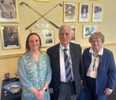 Iain Valentine, Jessie’s son, is flanked by Blairgowrie Ladies’ captain Margaret Marshall, left, and Dr Eve Soulsby