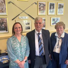 Iain Valentine, Jessie’s son, is flanked by Blairgowrie Ladies’ captain Margaret Marshall, left, and Dr Eve Soulsby