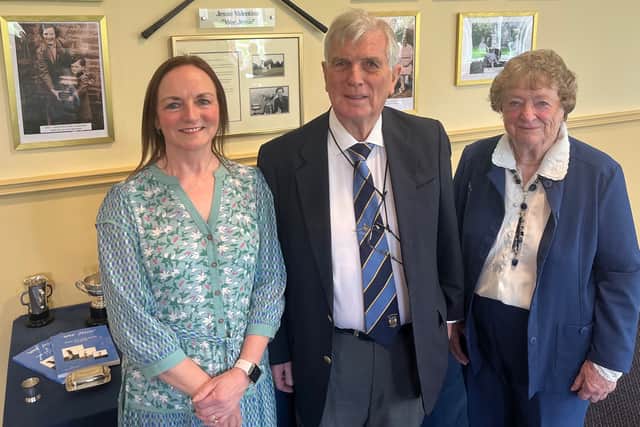 Iain Valentine, Jessie’s son, is flanked by Blairgowrie Ladies’ captain Margaret Marshall, left, and Dr Eve Soulsby