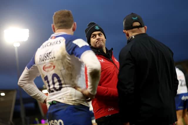 Johann van Graan, centre, Bath Rugby's head coach, with Finn Russell, left.
