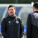 Hearts interim head coach Liam Fox and coach Lee Wallace during a training session at the Oriam, on May 01, 2025. (Photo by Paul Devlin / SNS Group)