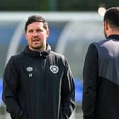 Hearts interim head coach Liam Fox and coach Lee Wallace during a training session at the Oriam, on May 01, 2025. (Photo by Paul Devlin / SNS Group)