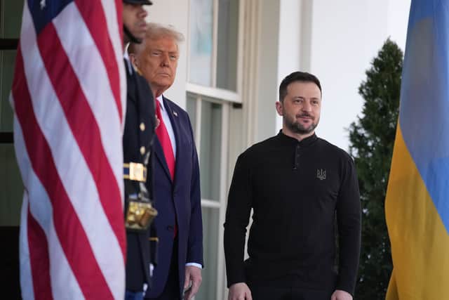 US President Donald Trump greets Ukrainian president Volodymyr Zelensky as he arrives at the White House in February, ahead of their explosive meeting involved JD Vance. Picture: Andrew Harnik/Getty Images