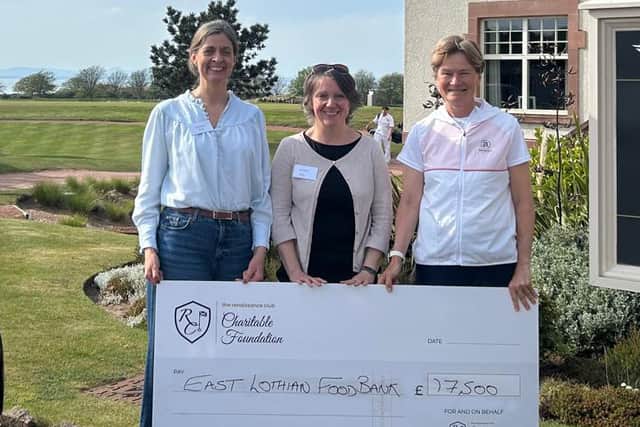 The Renaissance Club Charitable Foundation Trustee Catriona Matthew presented a cheque to East Lothian Food Bank from the proceeds raised through the 2024 Genesis Scottish Open