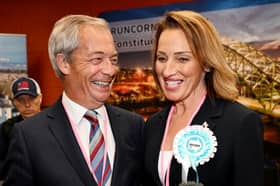 Nigel Farage celebrates with the newly elected Reform MP Sarah Pochin (Picture: Anthony Devlin)