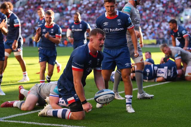 Magnus Bradbury celebrates a try against Bath on his Bristol Bears debut at Ashton Gate in 2022.