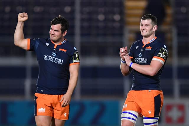 Magnus Bradbury, left, and Stuart McInally celebrate Edinburgh's win over Bath in the Challenge Cup in April 2022.