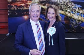 Reform UK's Sarah Pochin and party leader Nigel Farage after the party won the seat in the Runcorn and Helsby by-election