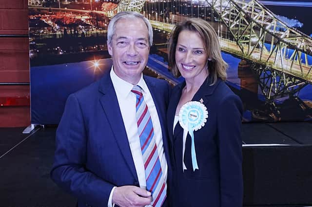 Reform UK's Sarah Pochin and party leader Nigel Farage after the party won the seat in the Runcorn and Helsby by-election