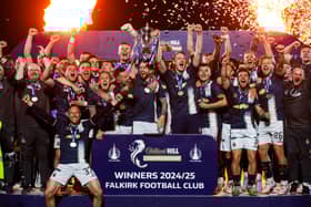 Falkirk captain Brad Spencer and Coll Donaldson lift the Championship trophy after a 3-1 win over Hamilton. (Photo by Craig Williamson / SNS Group)