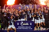 Falkirk captain Brad Spencer and Coll Donaldson lift the Championship trophy after a 3-1 win over Hamilton. (Photo by Craig Williamson / SNS Group)