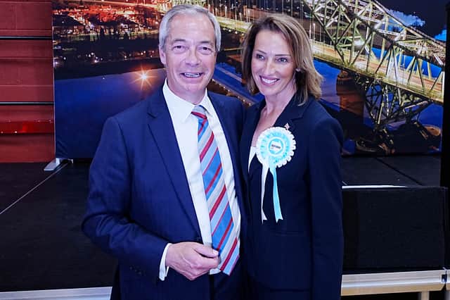 Reform UK's Sarah Pochin and party leader Nigel Farage talk to the media after the party won the seat in the Runcorn and Helsby by-election at DCBL Halton Stadium, Widnes, Cheshire. Picture date: Friday May 2, 2025. PA Photo. See PA story POLITICS Elections. Photo credit should read: Peter Byrne/PA Wire