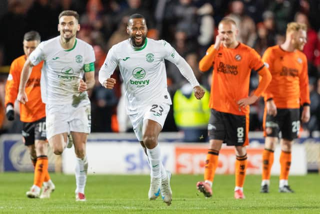 Hibs'Junior Hoilett celebrates after scoring to make it 3-1 during against Dundee United in February.