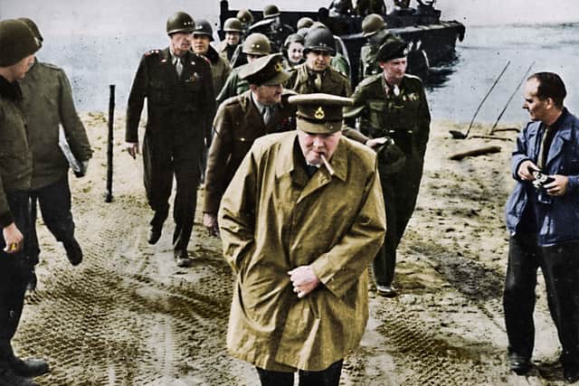 Onwards to victory: Winston Churchill arrives on the  east bank of the Rhine on March 25 1945 following Operation Plunder after allied fighters - including several thousands Scots - took part in the crossing of the last great natural obstacle to victory. PIC: Getty.
