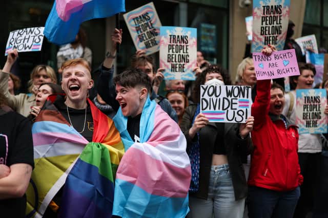 Protesters outside the local office of the Equality and Human Rights Commission, opposing their call for trans segregation after the recent ruling on biological sex by the Supreme Court in London. 