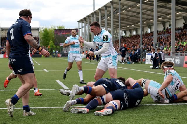 Ben Spencer of Bath celebrates after Tom Dunn scores his team's second try in the win over Edinburgh in the EPCR Challenge Cup semi-final at Hive Stadium.