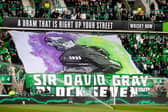 Hibs fans display a banner honouring manager David Gray ahead of kick-off against Dundee United. (Photo by Alan Harvey / SNS Group)