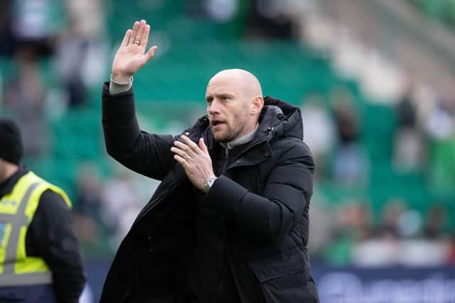 Hibs manager David Gray at full-time after the 3-1 victory over Dundee United at Easter Road. (Photo by Alan Harvey / SNS Group)
