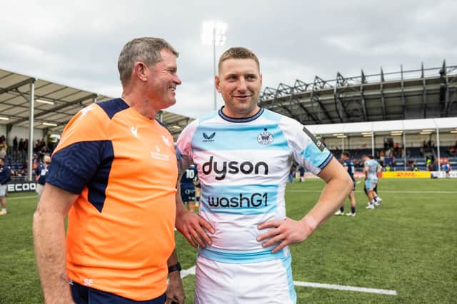  Edinburgh head coach Sean Everitt with Bath's Finn Russell after the Challenge Cup semi-final. 
