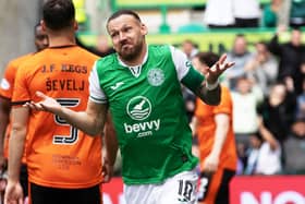 Hibs forward Martin Boyle celebrates after opening the scoring in the 3-1 win over Dundee United. (Photo by Alan Harvey / SNS Group)