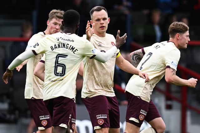 Hearts' Lawrence Shankland celebrates after scoring to make it 1-1 against Ross County in Dingwall. (Photo by Rob Casey / SNS Group)